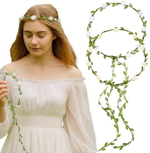 2PCS Flower Crown Headband, Handmade Flowers Crown Floral Garland Floral Wreath Leaf Ribbon Headpiece for Women Girls Festivals Bridal Wedding Party Photo Props Headdress (White ＋Yellow）