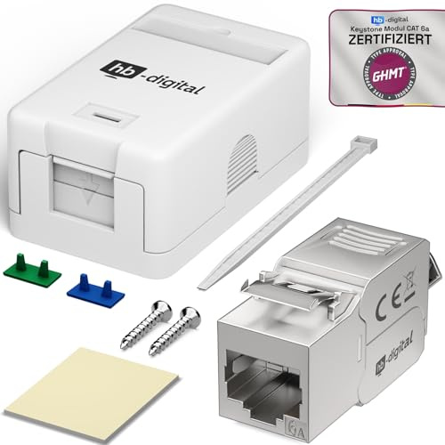 HB-DIGITAL 1 Stück Aufputz-Netzwerkdose 1-Port CAT 6a inkl. Keystone - Weiß | Werkzeuglose 1-Port-CAT-6a-Aufputzdose mit geschirmtem Keystone-Modul für Datenübertragungen bis zu 10 Gbit/s, 1 Stück, Weiß