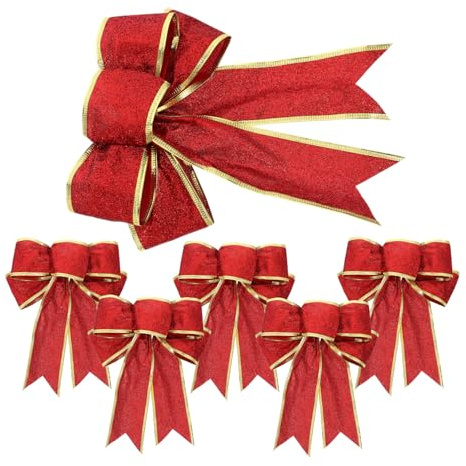 POPETPOP 6 Stück Teiliges Rote Weihnachts Schleifen mit Goldglänzendem Rand Glitzernde Deko Bögen für Tannenbaum Fenster Stuhl und Formstabile Christbaumschleifen für Festliche