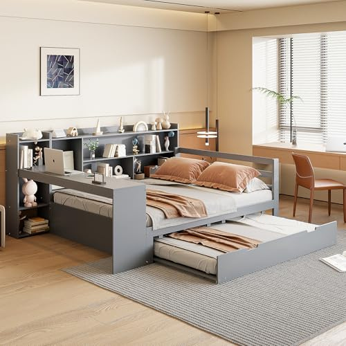 RIAZOS Kinderbett 140x200 mit Schreibtisch, Doppelbett mit Ausziehbett, Bücherregal Ablagefächern Regal, Tagesbett Daybett, Holzbett mit Lattenrost, Jugendbett, Grau, ohne Matratze