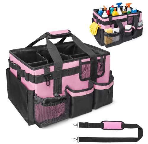 VMEECARL Cleaning Caddy with Handle, Cleaning Caddy Bag for Housekeepers | 4 Foldable Dividers, Multiple Pockets, Water Resistance, Adjustable Shoulder Strap for Cleaners Pink