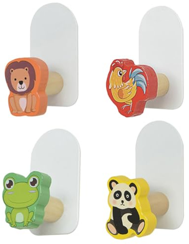 EXCEART Lot de 4 Crochets Adhésifs Muraux en Bois Motifs Animaux, Petits Crochets de Rangement sans Perçage pour Serviettes, Vêtements, Chambre Garçon et Filles, Décoration Murale