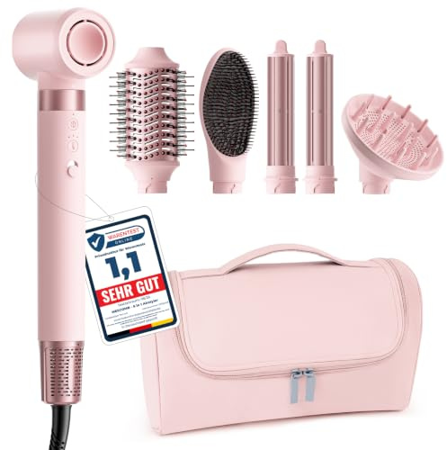 MESCOMB 6-in-1 Airstyler, Hairstyler mit Auto-Wrap Lockenstab & Föhnbürste | 110.000 U/min Ionen-Föhn mit Diffusor, Volumen- und Glättbürste, Reisetasche für Trocknen, Locken, Volumen und glatte Looks