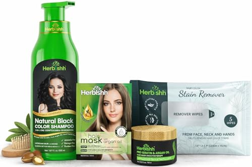 Herbishh Hair Colour Care Bundle | Natural Black Colour Shampoo + Pro Keratin & Argan Oil Hair Mask + Hair Colour Stain Remover Wipes | Ammonia-Free, Deep Conditioning & Easy Cleanup