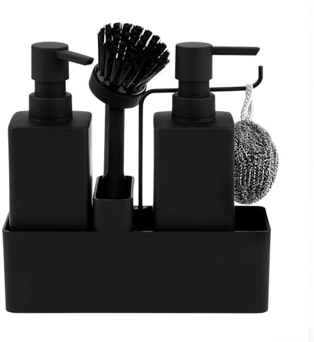 5-teiliges schwarzes Spülbecken Organizer Set, mit 2 Flaschen, 1 Aufbewahrungsbox, 1 Bürste und 1 Reinigungsball, ideal für Küche Spüle oder Badezimmeraufbewahrung