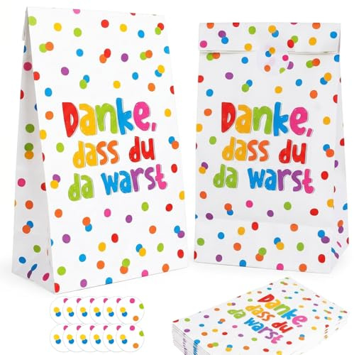 COMOOKA 12 Stück Migebsel Tüten Geschenktüten Kindergeburtstag 24x13x8cm mit 12 Aufklebern Papiertüten zum Befüllen Danke Geburtstagstüten Kinder Klein für Give Aways Party Tüten