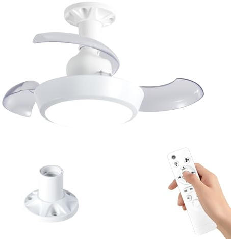 Ventilador de Techo con Luz y Mando a Distancia, 42CM Mini Lámpara Ventilador E27 Sin Instalación, Silencioso, LED 33W Regulable 3 Tonos, 3 Velocidades y Temporizador, para Dormitorios Pequeños