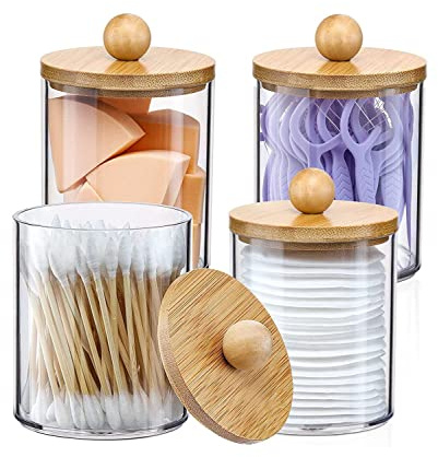 Genérico 4 Pack Q Holder Dispenser con Tapas de Bambú - Frascos Farmacia Plástico Transparente Organizador y Almacenamiento Maquillaje para tocador Baño Bastoncillos Algodón Almohadillas Hilo Dental