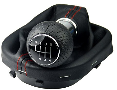 Schaltsack & Schaltknauf für VW Touran 1T Caddy 3 III - Bj. 2003 - 2016 - 6 Gang Knauf mit Rahmen - Schwarz Rot Chrom - Schaltmanschette Schalthebel Manschette Schaltung - Hebel Schaltgetriebe A263-7