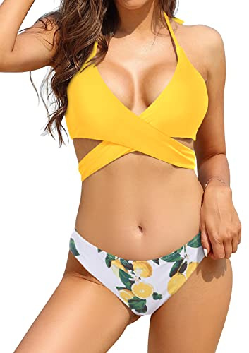 SHEKINI Damen Bikini Set Push up Verstellbar Crossover Ties-up Neckholder Bikini Oberteil Zweiteiliger Badeanzug Triangel Gedruckt Niedrige Taille Bikinihose Strandkleidung (Small, Gelb)