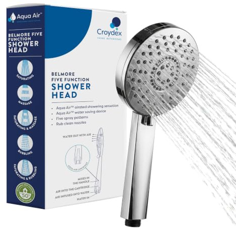 Croydex Belmore Aqua Air Water Saving Shower Head | 5 Spray Patterns | Chrome | Soft Aerated Spray | Rub Clean Nozzles | Universal ½” Connection