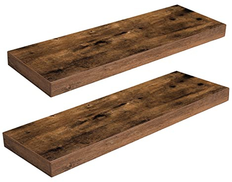 HOOBRO Floating Shelves for Wall, Wall Mounted Shelf Set of 2, 23.6 Hanging Shelf with Invisible Brackets, for Wall Decor Storage in Bathroom Bedroom Kitchen Living Room Office, Rustic Brown BF60BJ01