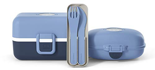 MONBENTO - Lunchlåda för barn – med matlåda MB säkert Infinity med 3 fack, snackslåda MB Gram Infinity, komposterbart bestickset – BPA-fri – livsmedelssäker – blå