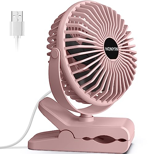 HONYIN Mini USB Clip Fan, Clip and Desk Personal Fan with Sturdy Clamp, 720° Rotation, 3 Speeds Cooling Wind by USB Plug In, for Home, Office and Desk