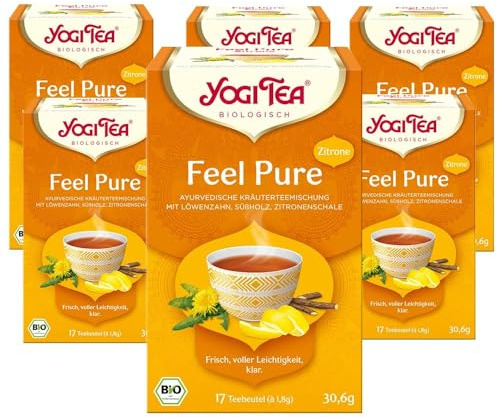 Yogi Tea Feel Pure, 6x17 Beutel (102 Teebeutel) | Ayurvedischer Bio Gewürz- und Kräutertee, von Natur aus Koffeinfrei, mit Löwenzahn, Süßholz und Zitronenschale