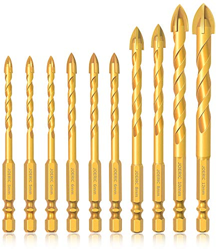 10pc Titanium Plating Masonry Drill Bits, JOERIC Concrete Drill Bit Ceramic Tile Drill Bit Set Ceramic Tile Drill Bits for Concrete Brick Glass Plastic Wood with Size 5mm to12mm