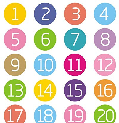 Bunte runde Zahlen-Aufkleber, PVC, selbstklebend, Durchmesser 5 cm, 1–20