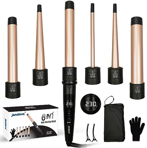 9-32mm Lockenstab mit Verschiedenen Aufsätzen - janelove 6 in 1 Lockenstab für Große Locken und Kleine Locken, 80°C-230°C Lockenstäb set für Kurze Haare mit Handschuhe & Nylontasche (Gold)