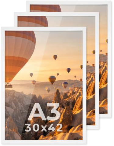 PHOTOLINI Bilderrahmen A3 Weiß Holz MDF, 3er Set A3 Bilderrahmen 30x42 weiß, DIN A 3 Rahmen mit Acrylglas, Picture Frame 42x30 zum Aufhängen, Rahmen 42 x 30 mit Zubehör für DINA3 Fotos & Poster