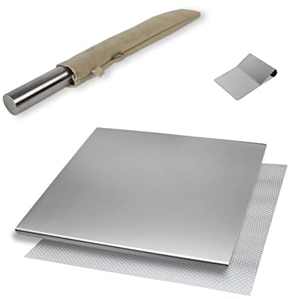 INOXLM BOX 3 PEZZI Tagliere/Spianatoia+tarocco/spatola+Mattarello custodia in tessuto|Piano di lavoro in Acciaio Inox Varie Misure per Cucina Bar Ristorante|Piano Made in Italy (70x50, Custodia Beige)