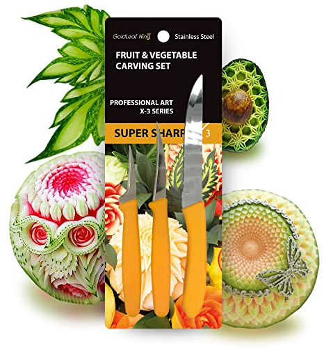 Goldleafking Set of 3 Fruit & Vegetable Carving Super Sharp X-3 Series 2, 2.5, 4.5 Inch Orange Handle | Fruit Carving Tools Carving Knives | Carving Knifes for Fruits and Vegetables
