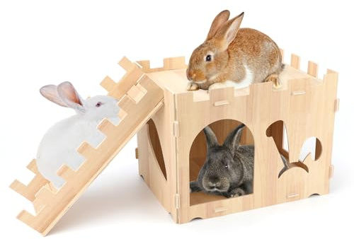 BWOGUE Extra Large Wooden Rabbit Castle Bunny House and Hideouts Detachable Small Animal Play Hideaway Hut for Indoor Adult Rabbit Guinea Pig Chinchilla Habitat