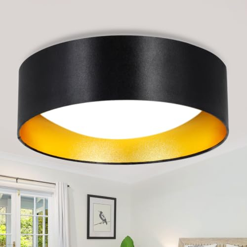 Depuley LED Flush Mount Ceiling Light, Modern Ceiling Light Fixture, 18W 5000K Fabric Ceiling Lamp with Matte Black and Gold Inside lampshade, 33CM Lighting Fixtures Ceiling for Bedroom and Hallway