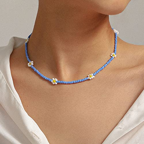 Carufin bohemisk färgglad blomma pärlhalsband tusensköna regnbåge pärlhalsband kort solros halsband strandsmycken för kvinnor och flickor (blå 1)