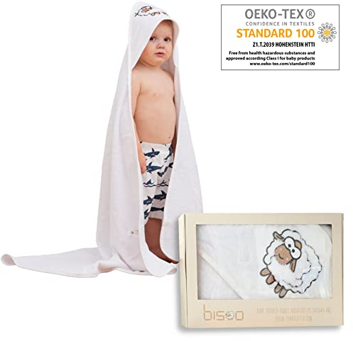 bisoo Asciugamani Neonato e Neonata XL - Asciugamano con Cappuccio 100x100 cm con Ricamo di Pecore per Bambino e Bambina - 100% Cotone Certificato Oeko-Tex (Bianco)