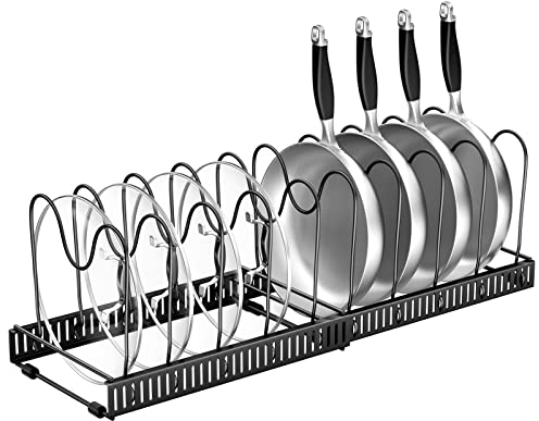 Fousenuk Porta Coperchi Pentole, Organizer Padelle con 10 Scomparti Regolabili, Porta Padelle, Portacoperchi Allungabile, Supporto per Coperchio in Metallo, Contenitore da Cucina (Nero)