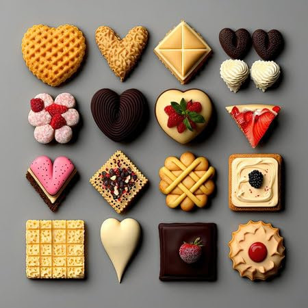 adrium Acryl-Bild 80 x 80 cm: Herzförmige Schokoladenbonbons, Schokoladen-Knolling-Flachlage, generative KI, Valentinstag-Schokoladengeschenk (196456778)
