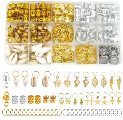 Fhioevt 230 Stück Dreadlocks Schmuck Gold Haarschmuck Silber Haarschmuck Ringe Verstellbar Metall Haarschmuck Haarspiralen Clips Haarringe für Zöpfe Mädchen Damen Dekoration mit Aufbewahrungsbox