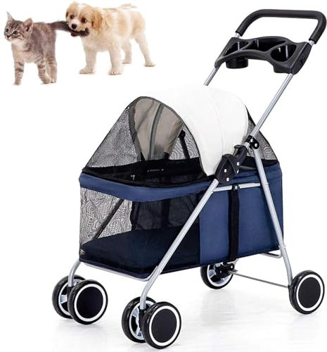 VECNUM 4 Hundebuggy Für Hunde Und Katzen, Faltbarer Hundewagen, Hunde Jogger Buggy Katzen Wagen,Haustier Transportwagen, Tiere Wagen- Bis 15 Kg,Blau