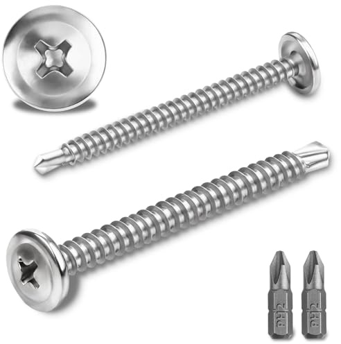 80 Pcs Vis Autoforeuse Metal 410 Vis Autoforeuse Inox 4.2x50MM Autoperforante Phillips à Tête Fraisée pour Acier Autoperceuse à Tête Ronde Autoperceuse avec 2 Forets (Argent)