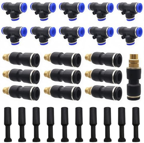 Atomizing Nozzles, Dujelixa Brass Straight-Through Irrigation Spray Nozzles, 10Pcs Misting Nozzle with 10Pcs T -Type Connector + 10Pcs Choke Plug for Irrigation, Watering, Greenhouse, Lawn