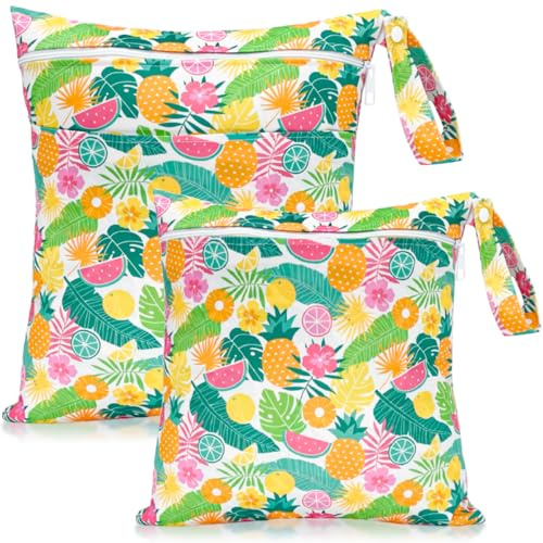 HOTLIKE Sacs à Couches Lavables, Sac Étanche 2PCS Réutilisable Wetbag, Sac à Maillot Mouillé, Imperméable Sac Humide à Fermeture Éclair pour Bébé Piscine Garderie Plage (Fruit)