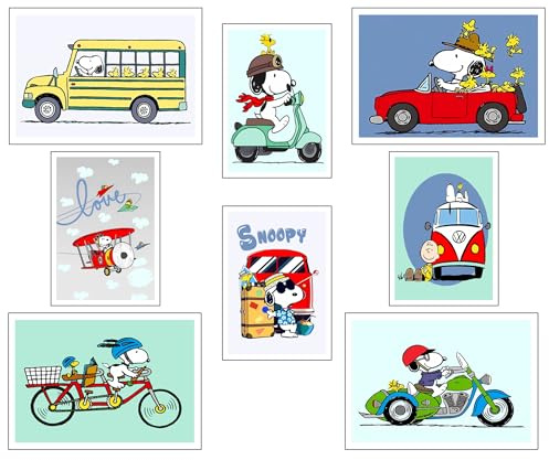 DKORARTE Set 8 cuadros base madera Decoración Salón Modernos, Dormitorios, Habitación, Snoopy con colgadores metálicos, (4 x (38 x 29 cm) ; 4 x (29 x 20 cm))