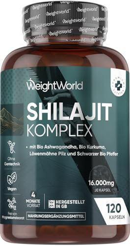 Himalaya Shilajit (Mumijo) Komplex 16.000mg - 120 vegane Kapseln für 4 Monate - Mit Bio Ashwagandha, Bio Kurkuma, Lions Mane Pilz & Schwarzer Pfeffer - Shilajit Kapseln Extrakt (40:1) von WeightWorld