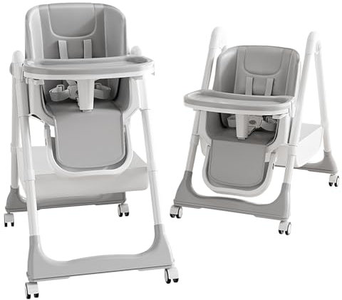 ONNWIN Hochstuhl Baby, Kinderhochstuhl mit Babyliege, Verstellbar Klappbar Hochstuhl Baby mit Essbrett,Korb, mitwachsend ab 6–36 Monate Jahre Babystuhl,Grau