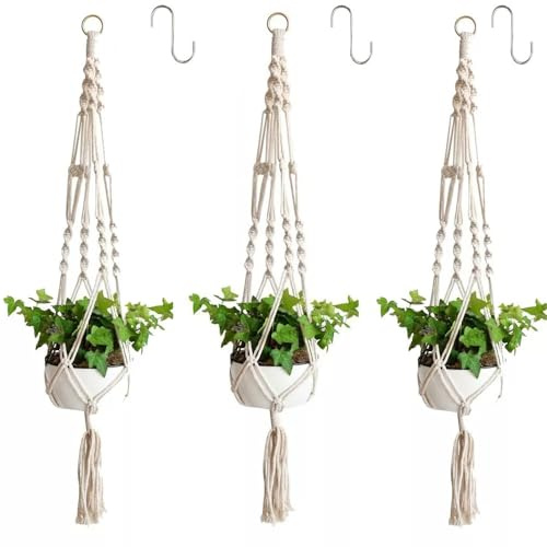 Zhiyu666 3 Pack Macrame Plant Hanger with 3 Hooks, 105cm Hanging Plant Pot Holder Indoor/Outdoor Hanging Baskets for Plants, Wall, Deck, Ceiling, Balcony Decor Plant Hangers