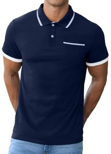 QIXING Herren Polohemd Baumwolle Kurzarm - Golf Business Casual T-Shirt mit Brusttasche, Atmungsaktiv für Freizeit & Sport Sommer 2025 Marineblau L