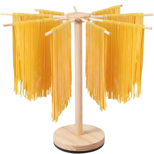 MENIBBLER Rotary Pasta Drying Rack Noodle Stand with 9 Drying Rods, Wood Noodle Dryer Rack, Efficient Spaghetti Dryer Rack, Detachable Pasta Noodle Hanger, Noodle Drying Stand for Home Noodle Pasta