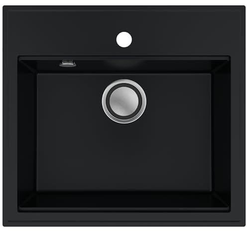 SINK QUALITY Spülbecken Schwarz Granit 56 x 51 cm - Küchenspüle mit Siphon Pop Up - Waschbecken Küche Schwarz - Spülbecken für 60 cm Schrank - Einbauspüle Einzalbecken - Abwaschbecken Küche