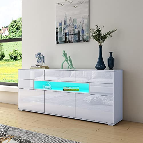 Buffet moderne blanc avec 3 portes, 5 tiroirs de rangement LED et support TV 150 x 35 x 72 cm
