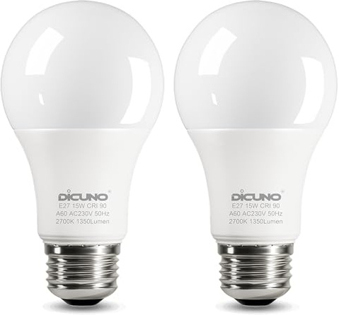 DiCUNO 15W E27 LED Lampe ersetzt 100W, Warmweiß 2700K, 1350lm, 2er Pack | A60 Matt LED Leuchtmittel, CRI 90, 220°, 230V, Flimmerfrei, nicht dimmbar, für Stehlampen, Wandleuchten, Wohnzimmer