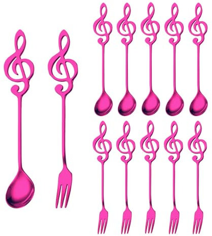TLTLT 12-teiliges 6-Zoll-Obstgabel- und Kaffeelöffelset aus goldfarbenem Edelstahl – niedliches Musiknoten-Design for Desserts, Eiscreme, Restaurants(Purple)