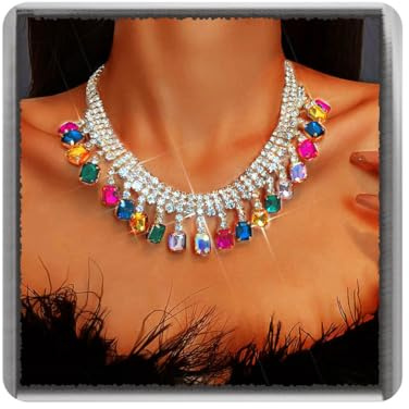 Ushiny Strass Choker Halskette Schmuck Bunte Kristallkette Multicolor Rave Hals Zubehör für Frauen