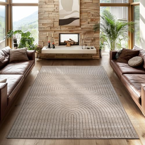 SIMPEX Kurzflor Teppich 200x290 cm Beige Wohnzimmer, Schlafzimmer, Küche, 3D Hoch-Tief-Effekt, Skandinavisch Boho Motiv, für Outdoor Bereich geeignet Terrassen oder im Balkon
