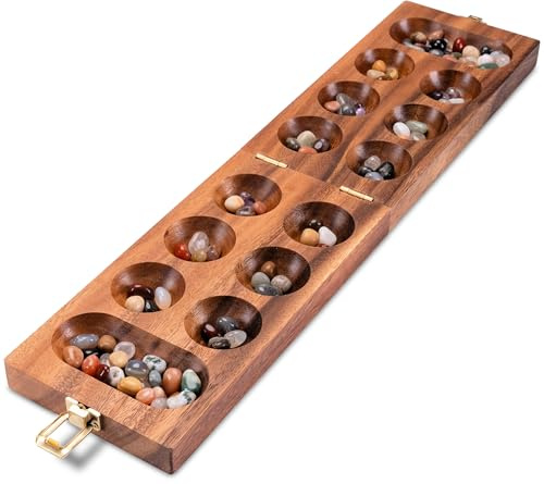 LOGOPLAY Kalaha spel med metalllås, stort guld för 2 spelare – spelplan 14 x 49 cm – Hus – Bao – med ädelstenar