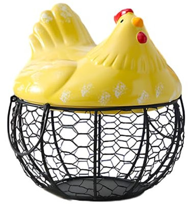 Chicken Shape Iron Basket For Organizing Eggs And Fruits In Kitchen Iron Ceramic Hen Ornament Metal Fruit Storage Basket black